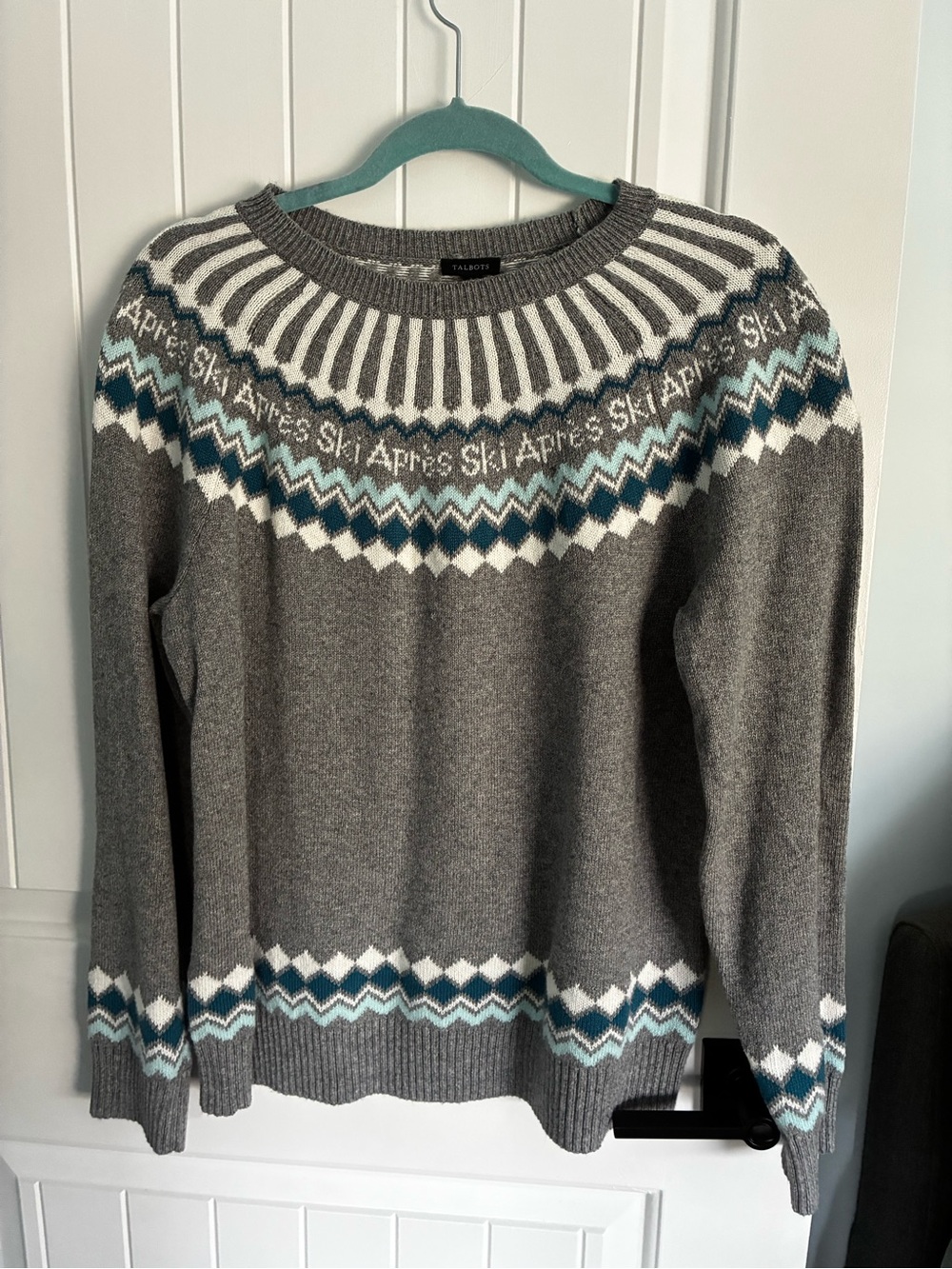 Talbots Gray Crewneck Sweater with Blue and White Fair Isle Yoke